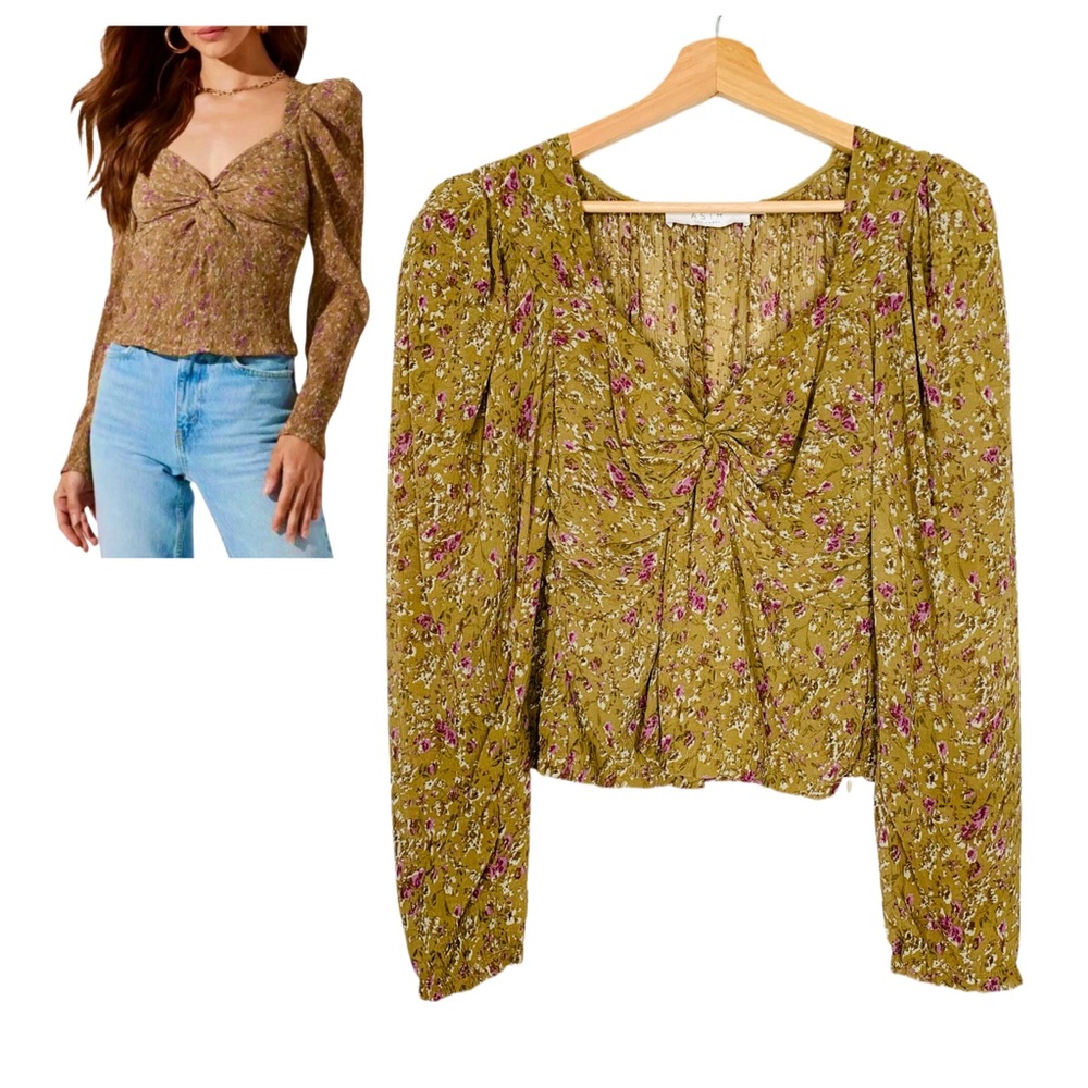 ASTR The Label Twist Front Mustard Floral Top Long Sleeves Medium Cottagecore